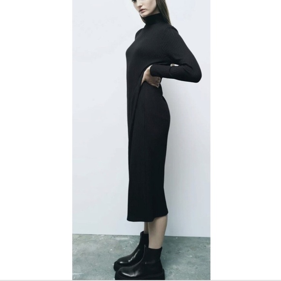 Zara Knit Sweater dress Maxi Black Ribbed Stretch Minimalist Turtleneck Sz L - Picture 4 of 13
